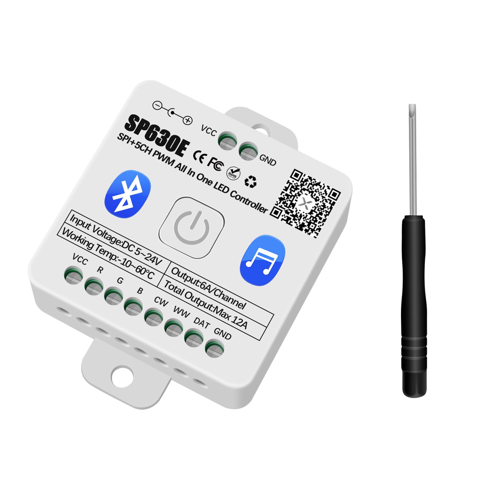 Aroidful SP630E RGBW LED Bluetooth Controller, LED Strip Controller Support SPI+5CH PWM for DC5-24V Single Color CCT RGB RGBW RGBCCT or TTL IC Chip LED Strip 2811 2812B 2813 2814 2815 SK6812 LB1934