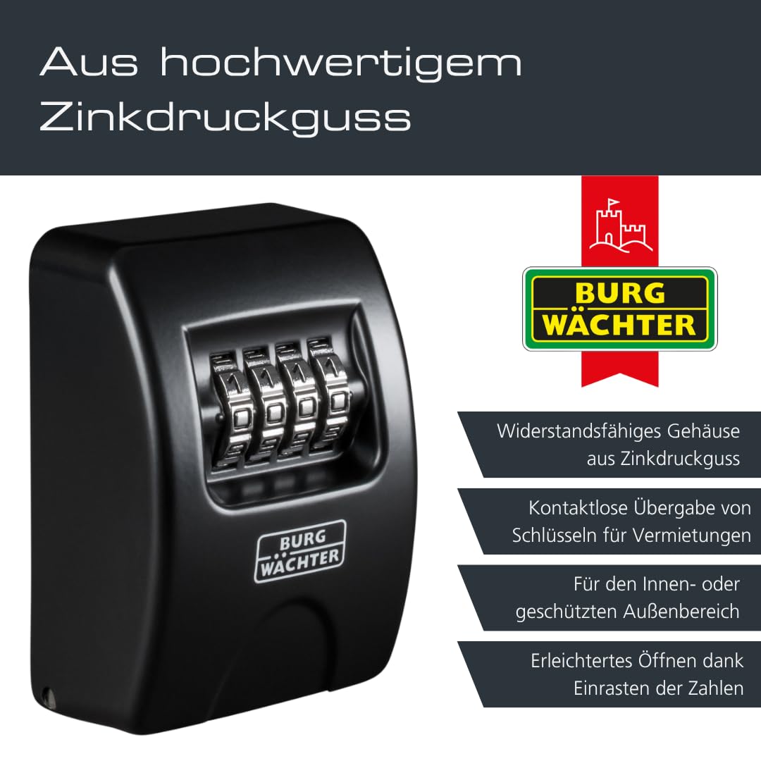 Burg Wächter Schlüsseltresor mit 4-stelligem Zahelncode für außen und innen, Sicher, Wandmontage, Key Safe 10 SB, Schwarz, KeySafe 10, Außen: 85x61x39mm (HxBxT) 3