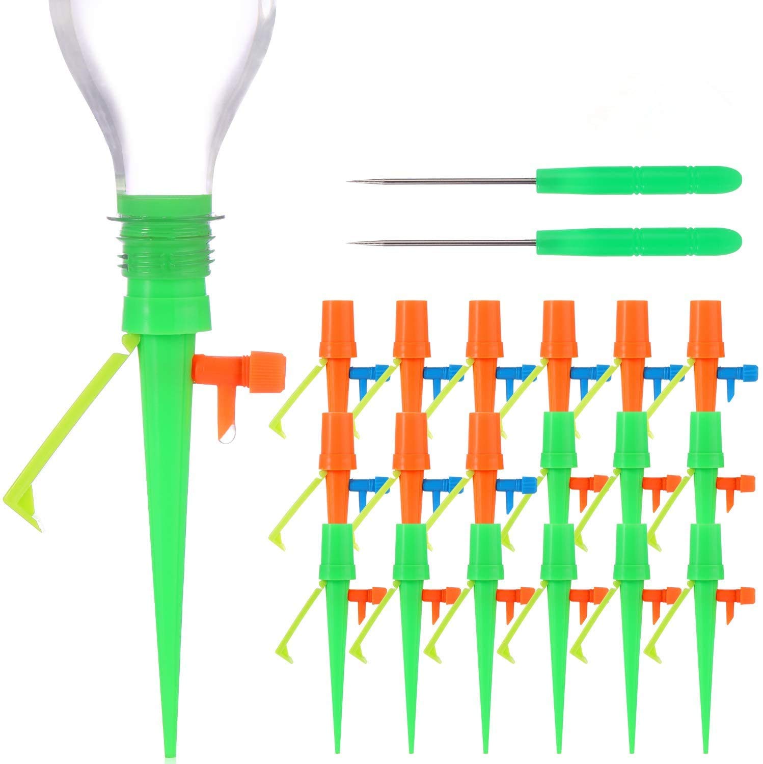 18-piece automatic watering set, 2019 upgrade plant watering system with adjustable valve and anti-fall holder, watering for potted plants, suitable for most bottles.