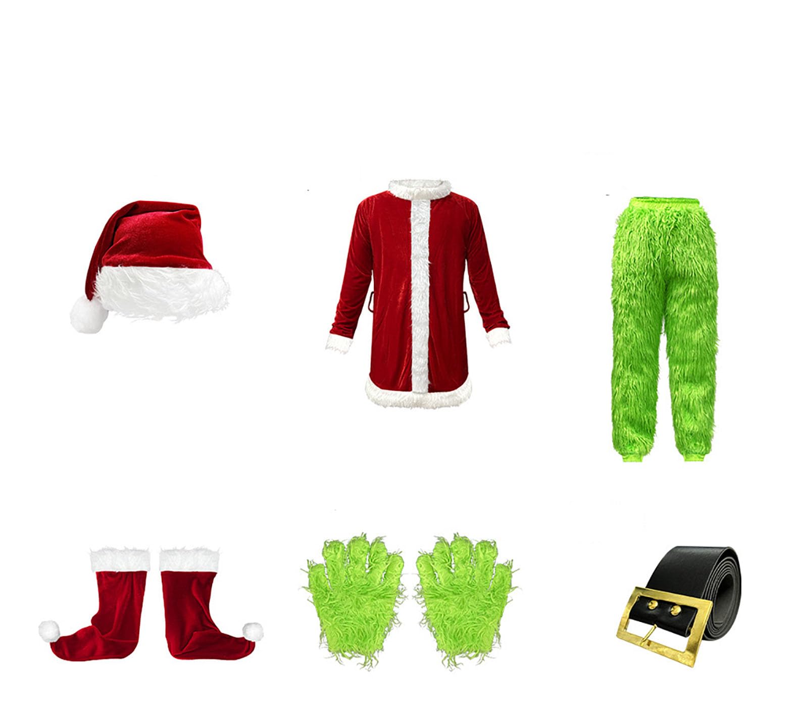 Velcoxplay Men's Christmas Costume Set, 7-Piece Green Monster Costume, Santa Outfit, Christmas Suit with Mask, 4XL-5XL