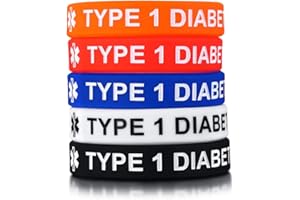 MEALGUET Pack of 5 Comfort Silicone Medical Alert ID Type 1 Diabetic Type 2 Diabetic Wristband Awareness Diabetic Bracelet for Kid Boys Girls, 6.7"