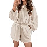 Tankaneo Womens 2 Piece Outfits Lounge Sets Puff Long Sleeve Bubble Tops and Elastic Drawstring Loose Shorts Matching Set