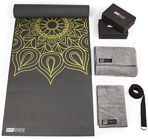 Fit Spirit Yoga Starter Set Kit - Includes 3mm PVC Exercise Mat, Yoga Block, Yoga Towels, Yoga Strap