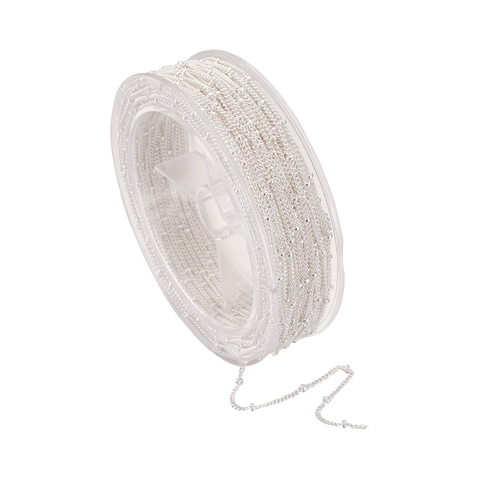 Beadthoven 15M Silver Plated Satellite Chains, Soldered Brass Curb Twisted Chains with Round Beads Dainty Ball Bead Bracelet for Jewellery Necklace Making