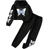 YOURUIKEY Girls' Clothing Set Butterfly Print Crop Top Hoodies Sweatpants 2 Piece Outfits Kids Sweatsuit Tracksuit Jogger Set