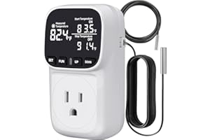 COMYAN Temperature Controlled Outlet , 15A/1800W Digital Thermostat Outlet, Cyclic Timing/Countdown, -40℉~210℉ VA Display Heating Cooling Control Timer with 2Pcs Probe Cable for Reptile Incubator