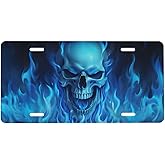 UEQIKI Blue Fire Skull Front License Plate for Women Car Vanity Plates Decorative Aluminum Metal Cute Novelty License Plate Cover for Men 6x12 Inch (4 Holes)