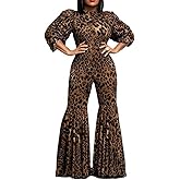 THLAI Jumpsuits for Women Sexy Leopard Print Long Sleeve Flared Pants Bell Bottoms Party Club One Piece Jumpsuit Romper