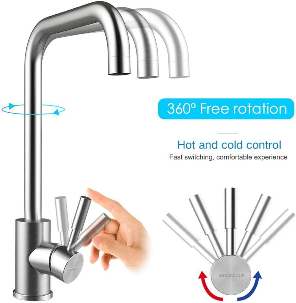 WOOHSE Kitchen Tap with 360° Rotatable Swivel Spout, Stainless Steel ...