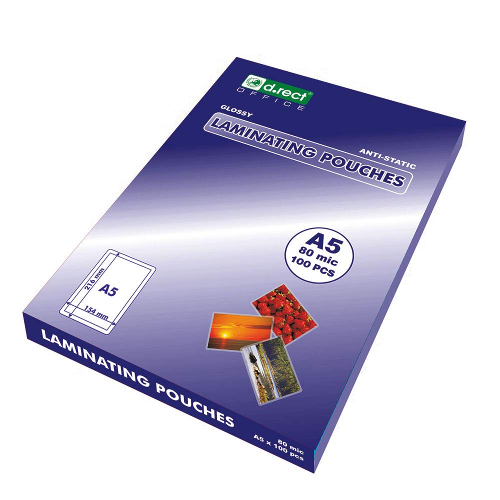 D.RECT Sheets to Laminate A5 - Pack of 100 Units Laminating Pouches 80 Microns 2x80 (160) - Glossy -Transparent - Durable Laminated - Lamination for Long-Lasting Documents