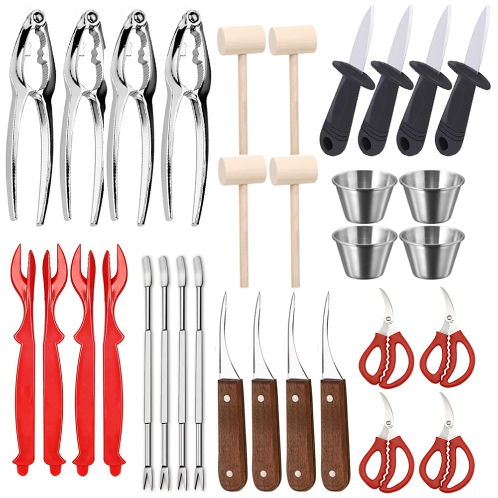 Photo 1 of 32 PCS Seafood Tools Include Crab Crackers, Seafood Scissors,Oyster Knife, Shrimp Deveiner Tool,Lobster Sheller, Crab Hammer,and Shellfish Forks,Sauce Cups and Nutcracker Set