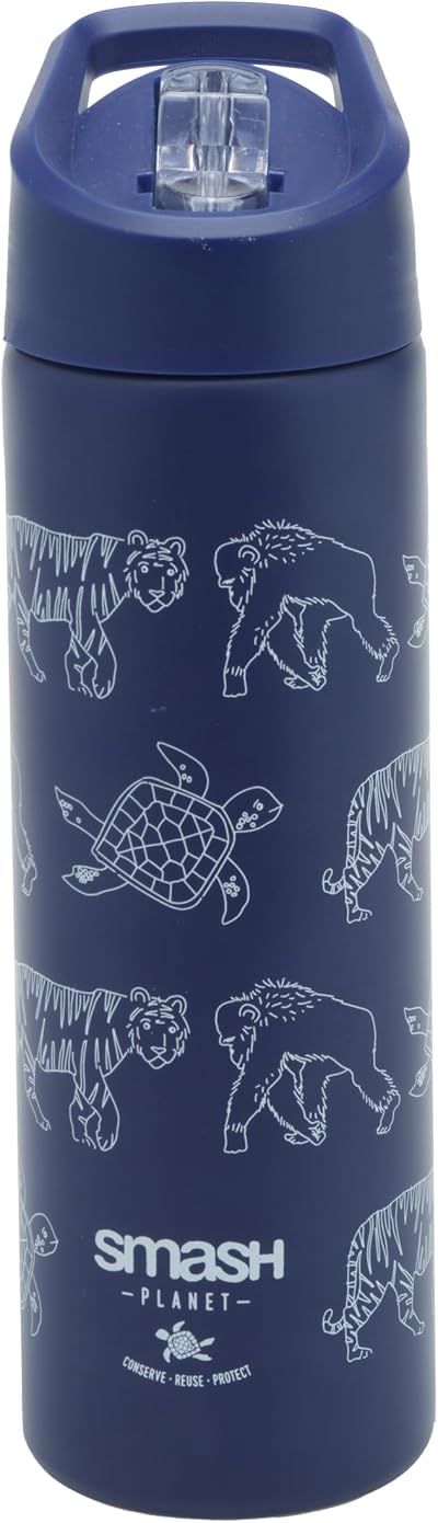 Smash Stainless Steel Water Bottle 750ml Navy with Flip Top Lid and Straw