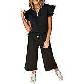 SHEWIN 2 Piece Sets Outfits for Women V Neck Collared Ruffle Short Sleeve Polo Shirts Quarter Zip Pullover Tops Lounge Set