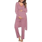 SWOMOG Maternity Nursing Robe Set 3 Piece Postpartum Breastfeeding Pajamas 3 in 1 Hospital Labor Delivery Pregnancy Pjs