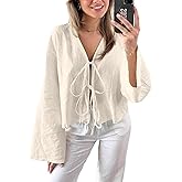 Chvity Tie Front Tops for Women Y2K Linen Shirts Flare Sleeve V Neck Going Out Coquette Clothes Casual Lace Up Bow Blouses