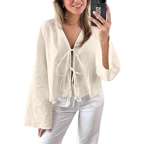 Hesaco Linen Tops for Women - V Neck Tie Front Tops Long