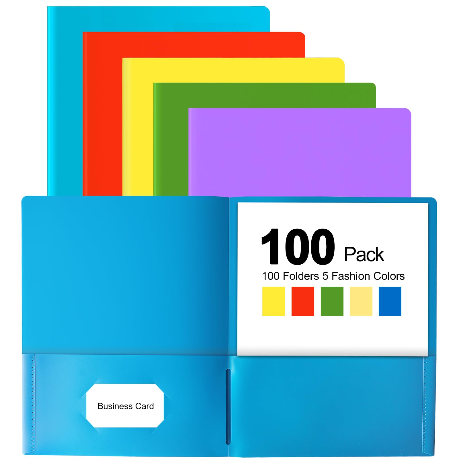 Photo 1 of HABGP 100 Folders with Pockets, 5 Color Heavy Duty Plastic Two Pocket Folder with Business Card Holder for Office High School Business Resume