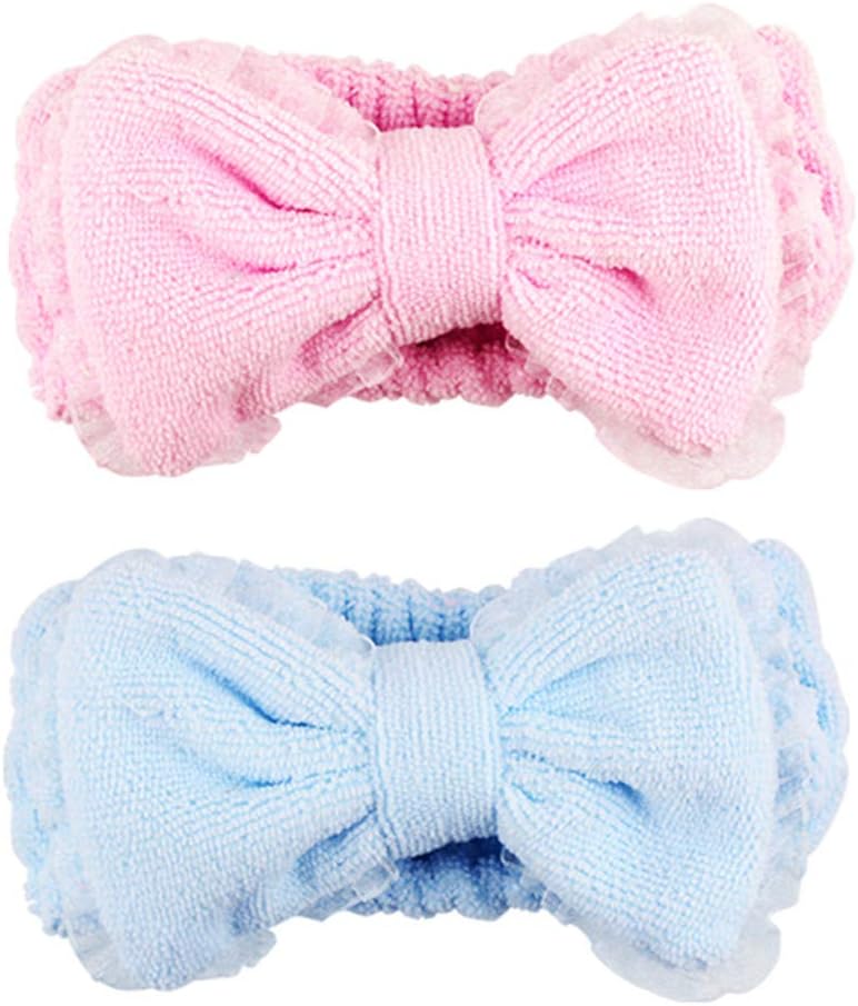 SFamily Fashion Korean Style Girls Elastic Lace Cute Bow-Knot Hair Band Bow Headband Mask Wash Face Make-up Bath Shower Hairband (Pink and Blue)