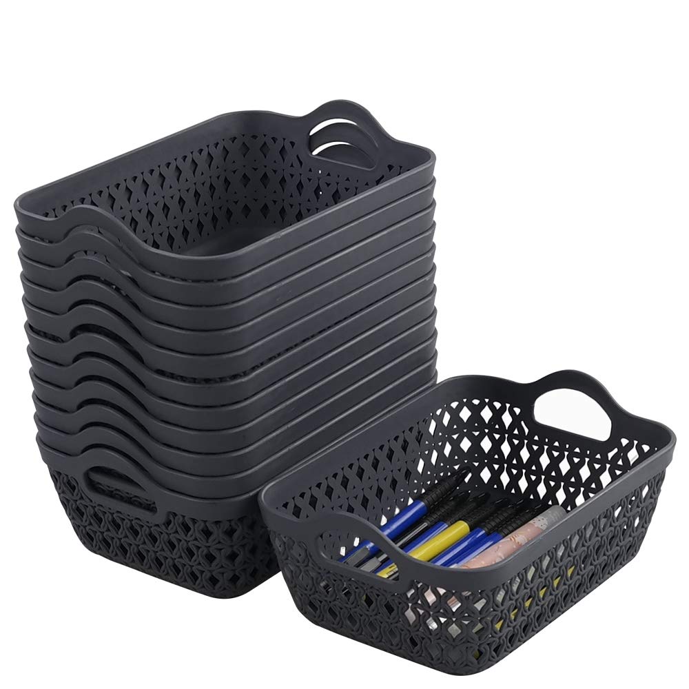 Eudokky Plastic Shallow Storage Baskets, 12 Pack Small Desktop Storage Trays Grey