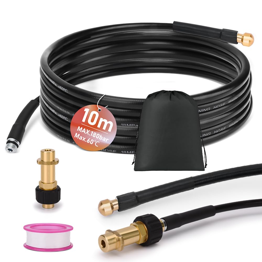 10 m pipe cleaning hose set for K2 K3 K4 K5 K6 K7, 180 bar 60 °C pipe cleaning set, including bag, rigid nozzles, drain cleaner, hose, drain hose for pressure washers