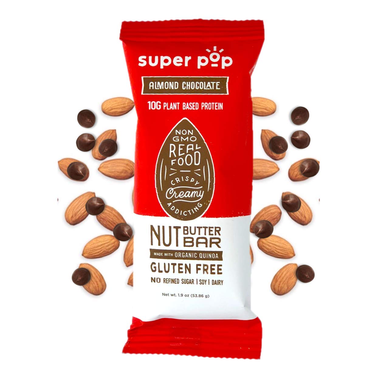 Super Pop Snacks, Clean Plant Based Protein Bars, All-Natural Almond Butter Bars with Organic Whole Foods, Delicious Snack, Gluten Free, Soy Free, Dairy Free, 10g of Protein, Almond Chocolate (12 pack)