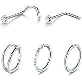 Xpircn 5pcs Hoop Nose Rings and L Shaped Nose Rings Stud Set 18G/20G Stainless Steel CZ Helix Conch Daith Tragus Cartilage Hoop Earrings for Women 6mm 7mm 8mm 10mm