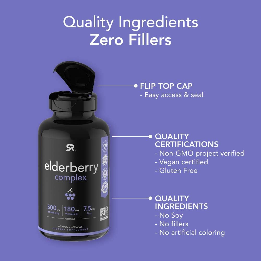 Elderberry Capsules with Zinc & Vitamin C | Women & Men's Daily Herbal Supplement for Immune Support | Made from Organic Black Elderberries (Sambucus) - 60 Veggie Capsules: Health & Personal Care