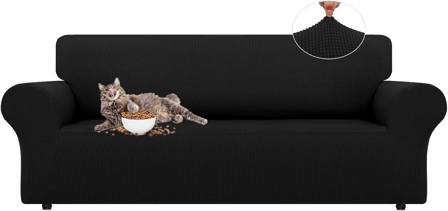 Slipcovers - LURKA Stretch Sofa Slipcovers Couch Covers for 3 Cushion Couch Sofa Pet Friendly Non Slip Sofa Cover Washable Furniture Protector with Elastic Bottom (Large, Black)