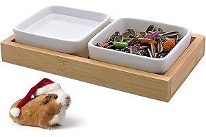 Acsist 2PCS Hamster Food Bowl Ceramic with Wood Stand Guinea Pig Food and Water Bowls Classic Square Bunny Drinking Feeding Dish for Small Animals Rabbits Hedgehog Gerbil (White)