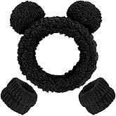 AHONEY Spa Bear Ears Headband, Face Wash Headband and Wristband Set, Cute Makeup Skincare Headbands Wrist Bands for Washing Face Elastic Fluffy Headband for Women Girls Cosmetic (Black)