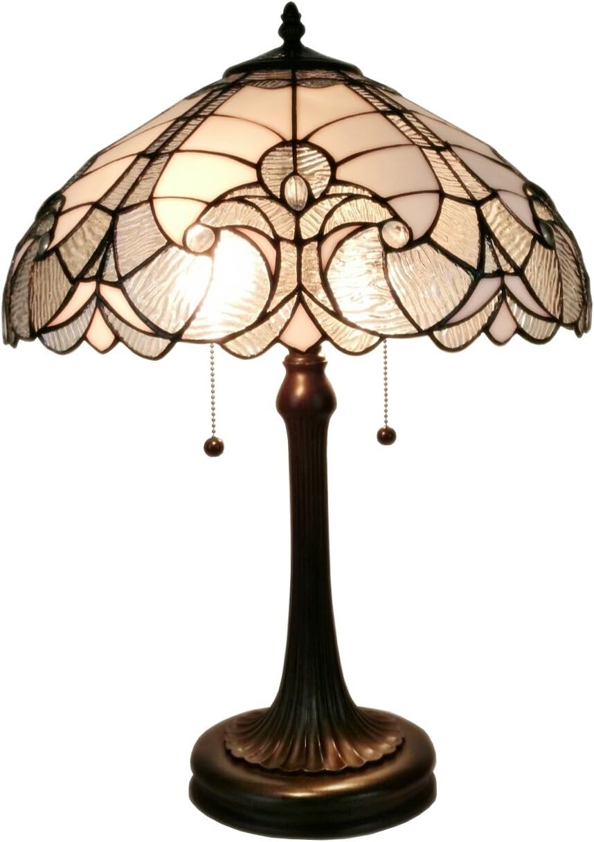 Amora Lighting Tiffany Style Table Lamp Banker Floral 23" Tall Stained Glass White Grey Elegant Vintage Antique Light Décor Nightstand Living Room Bedroom Office Handmade Gift AM204TL16, 90 Piece