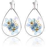 Flower Teardrop Earrings, Forget Me Not Dangle Drop Earrings Sweet Pressed Flower Jewelry for Women (Silver)
