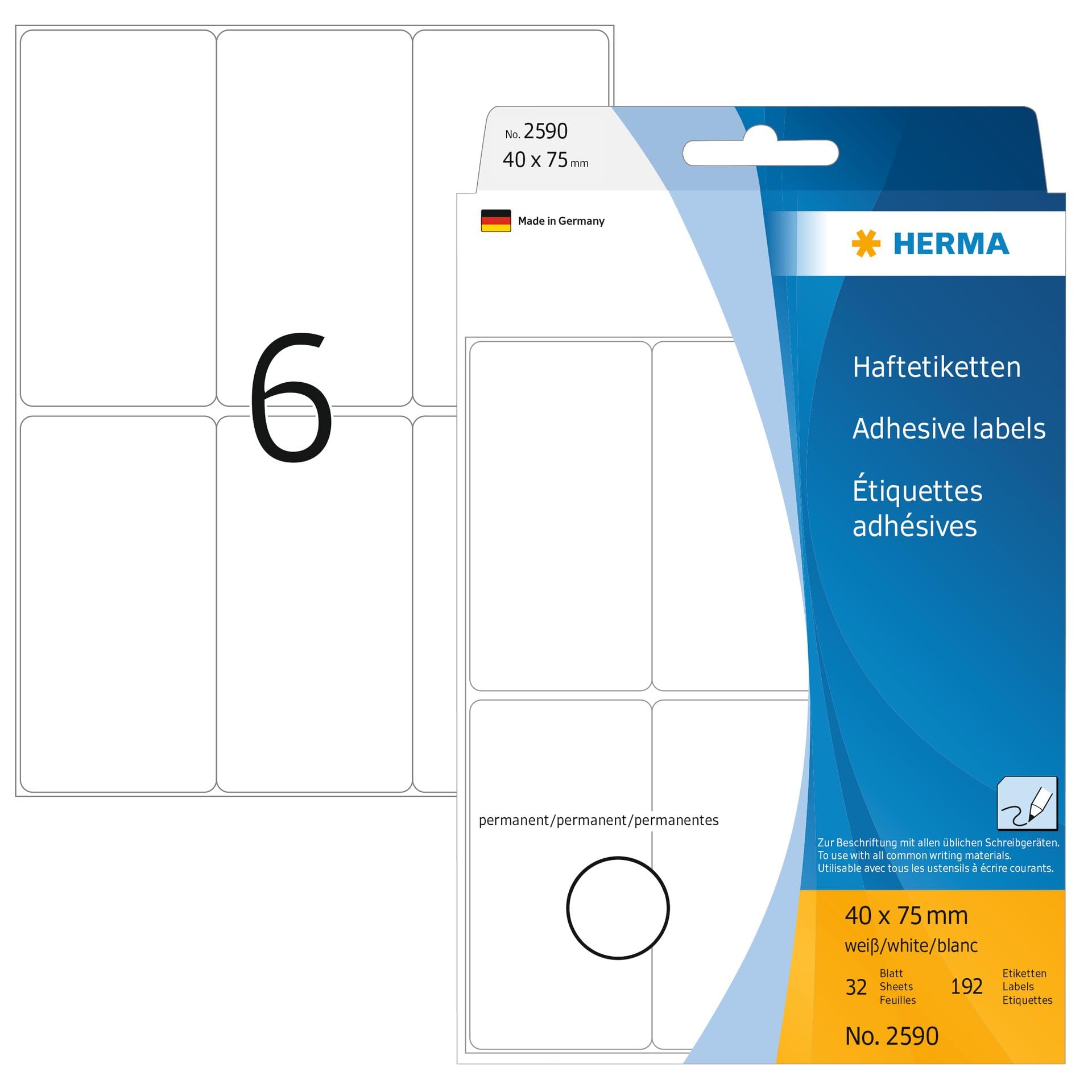 HERMA Multi Purpose Labels, 6 Labels per Sheet, 32 Sheets, 40 x 75 mm, 192 Labels, Self Adhesive Large Labels Stickers, Blank Sticky Labels for Office Kitchen Home, White