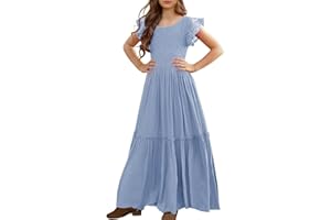 MITILLY Girls Lace Flower Ruffle Sleeve A-Line Swing Wedding Party Maxi Dress with Pockets