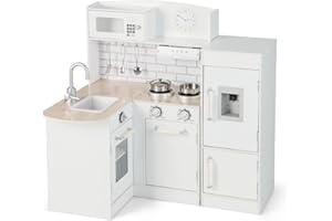 HONEY JOY Corner Kids Kitchen Playset, Little Chef Wooden Play Kitchen for Toddlers, Water Dispenser, Microwave, Range Hood, 