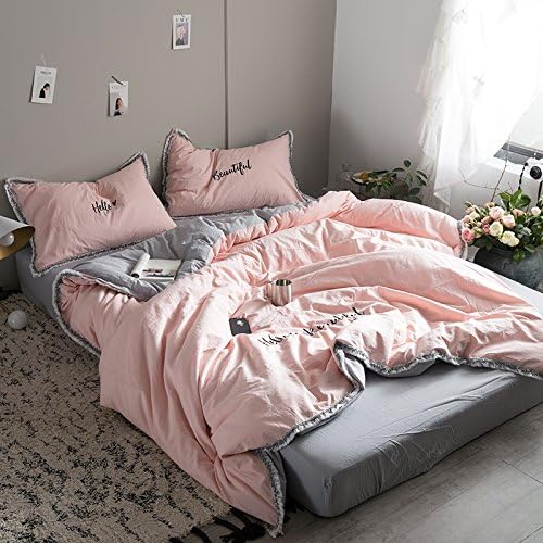 Super Soft Double Single 4 Bedding Collection including 1 Flat Sheet,1 Duvet cover and 2 Pillow Cases, Letter Embroidery Cotton Tassels Lace Side Duvet Cover 4 Sets,Pink And Gray,Queen