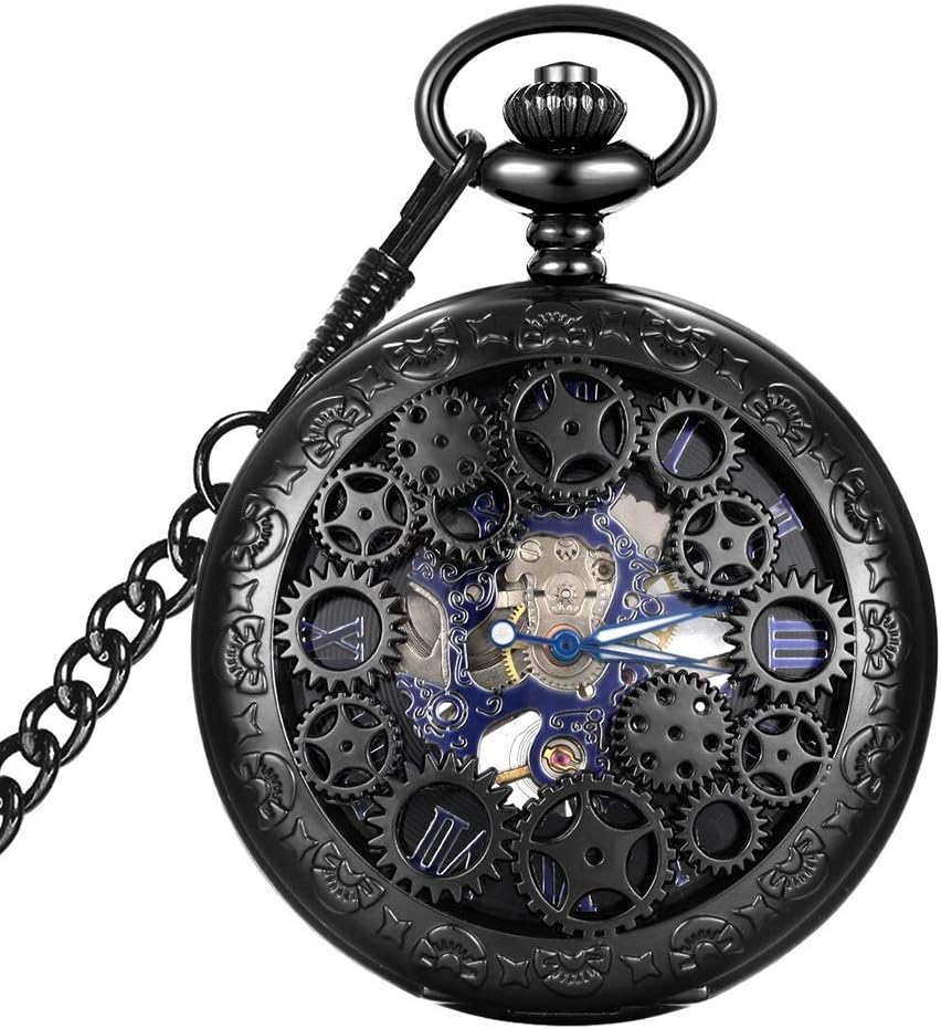 LYMFHCH Steampunk Blue Hands Scale Mechanical Skeleton Pocket Watch with Chain Mens Womens Watch Christmas Graduation Birthday Gifts Fathers Day