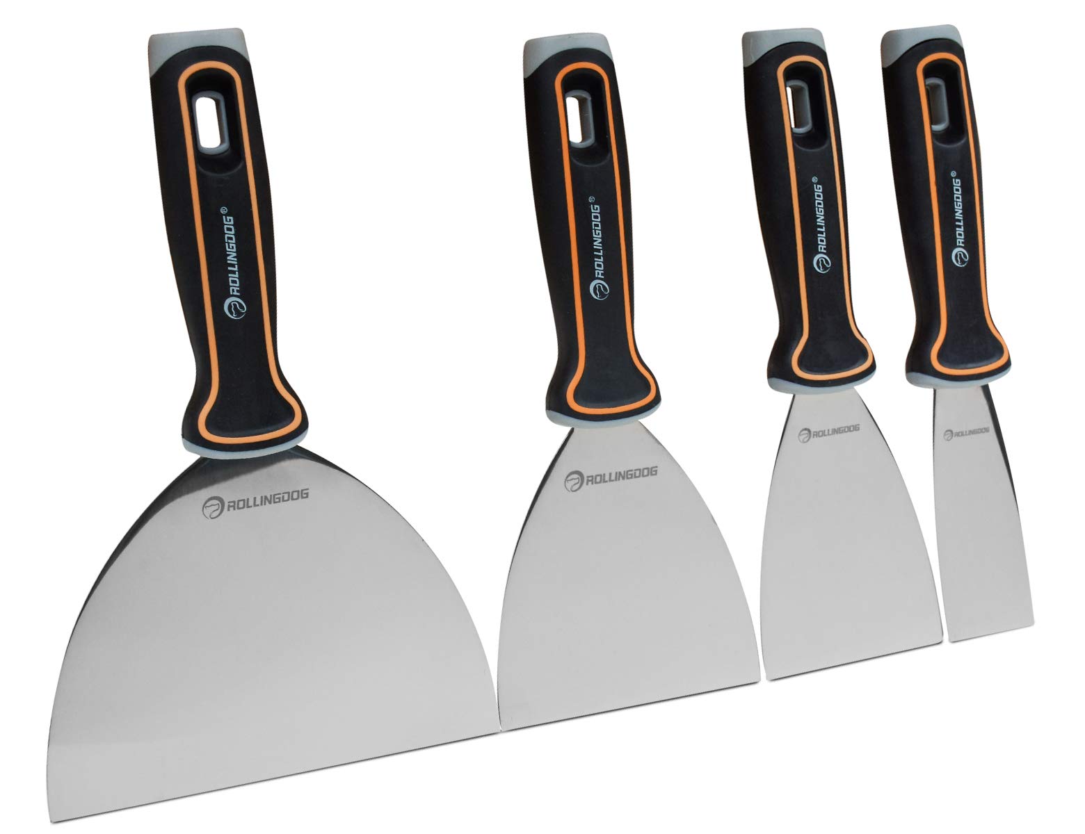 ROLLINGDOG 4pc Ultra-Flex Putty Knife Scraper Set 1.5",3",4",6" with Premium Quality High Tensile Stainless Steel Blade and Ergonomic Tri-Color Rubber Coated Handle