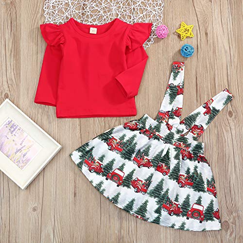 Toddler Kids Baby Girls Christmas Outfits Ruffle Top Christmas Tree Suspender Skirt Set 2PCS Clothes Set Winter (Red, 18-24 Months)