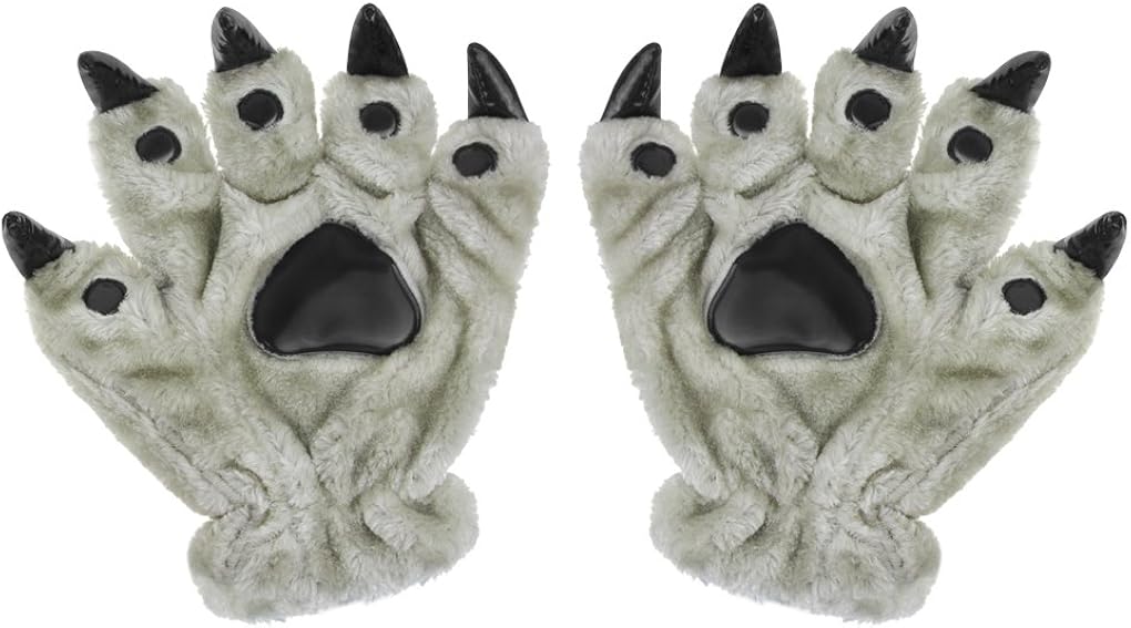 Ylucky Unisex Thick Animal Costume Dinasour Cat Paw Claw Wolf Gloves Winter Warm Plush Hand Gloves Cute Mittens Padded Hand Warmer for Halloween Cosplay Party Fancy Dress Grey