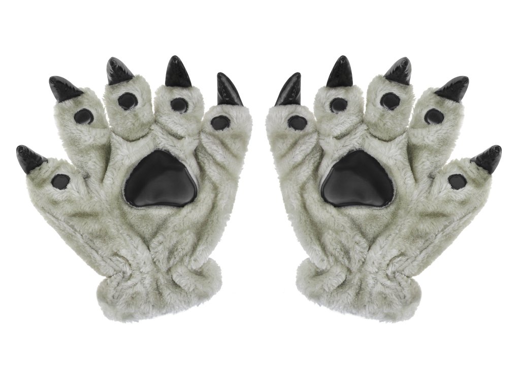 Ylucky Unisex Thick Animal Costume Dinasour Cat Paw Claw Wolf Gloves Winter Warm Plush Hand Gloves Cute Mittens Padded Hand Warmer for Halloween Cosplay Party Fancy Dress Grey