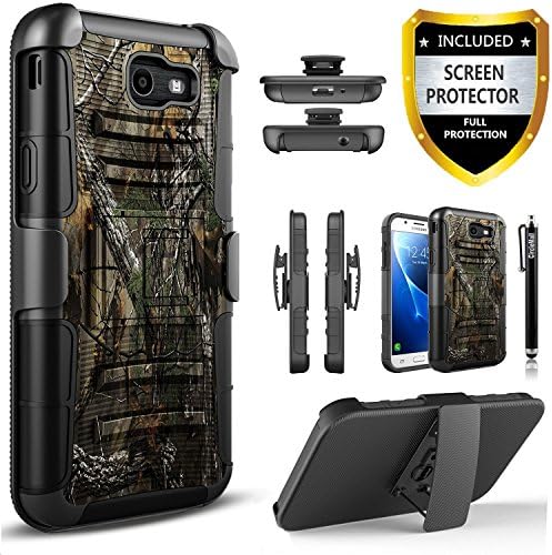 Galaxy J7 V Case, Galaxy J7 Perx Case, Galaxy J7 Sky Pro Case, [Combo Holster] And Built-In Kickstand Bundled with [Premium Screen Protector] Hybird Shockproof And Circlemalls Stylus Pen (Camo)