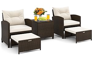 KOTEK 5 Pieces Patio Furniture Set with Ottomans, Wicker Patio Conversation Set with Coffee Table & Cushions, PE Rattan Outdo