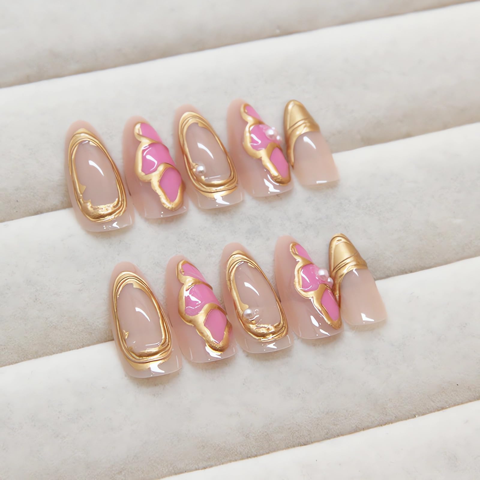 LPOODDNU 3D Almond Press on Nails Medium Handmade Fake Nails with Gold Charms Pink Butterfly Designs French Acrylic Nails Press ons Almond Shape False Nails Cute Nails Medium Stick on Nails for Women - Image 4