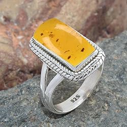 Solid 925 Sterling Silver Ring For Womens Amber