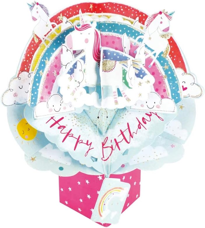 Birthday Unicorns Pop-Up Greeting Card Original Second Nature 3D Pop Up Cards, Pink, Open : 210 x 250mm (approx) / closed : 170 x 120mm