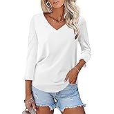 KTILG Women's V Neck T Shirts 3/4 Sleeve Blouse Summer Tops Dressy Casual Solid Basic Tees
