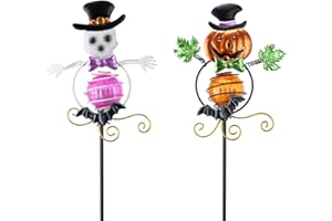 SATHGA Solar Halloween Decorations Outdoor,2 Pack Pumpkin＆Skull Halloween Metal Yard Stakes,Solar Yard Signs Decorative Garden Stakes for Outside Lawn Patio Pathway