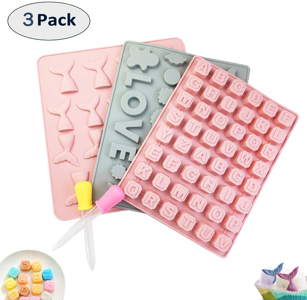 Silicone Candy Molds Gummy Molds Set of 3- Chocolate Molds with 2 Droppers, Nonstick Mermaid Tail Molds, 26 Letters Mold, Heart Shape Mold