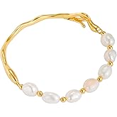Belle Brighton White Freshwater Pearl Bangle Bracelet for Women 18k Gold Plated Dainty Cuff Bangle Hook Bracelet Pearl Beaded Chain Bracelet Ideal Jewellery Gift for Girlfriend Mother